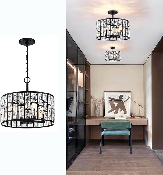 MEXO Farmhouse Crystal Convertible Chandelier and Semi Flush Mount Lighting Black Cylinder Drum Shade Pendant for Kitchen Island Dining Room Bedroom Hallway