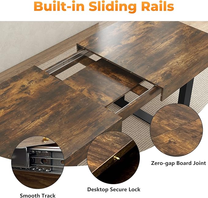 63"-78.7" Rectangular Extendable Dining Table, 6-8 Extendable Dining Table, Conference Table, Kitchen Table with Slide Track, Tapered U-Shaped Wood Legs for Office, Living Room-Rustic Brown