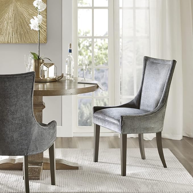 MADISON PARK SIGNATURE Ultra Dining Chairs Set of 2, Swoop Arm, Curved Back Chenille Upholstery Design, Solid Wood Legs, High Desnity Foam Seat Kitchen Furniture, Dark Grey, 23.25"W x 24.75"D x 39"H