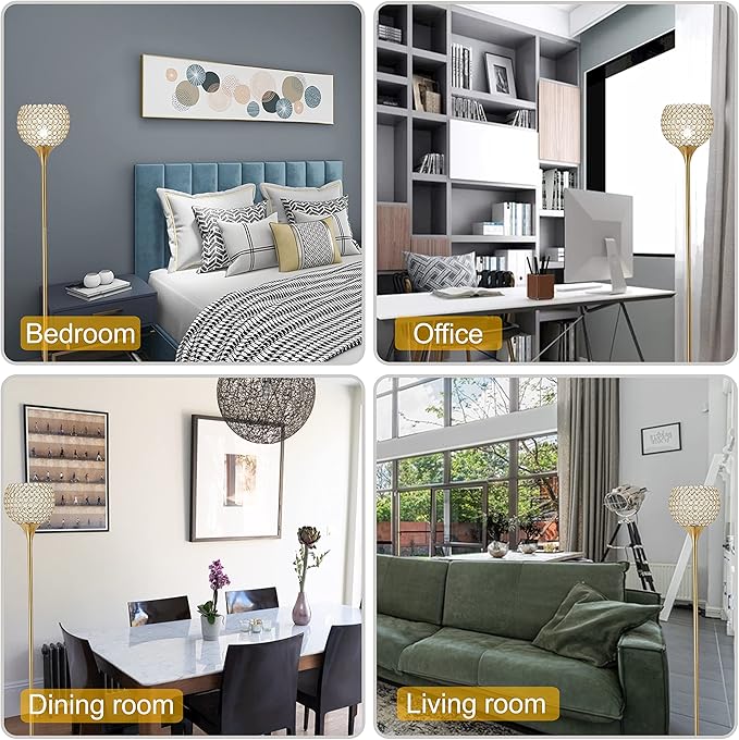 Spherical Crystal Floor Lamp, Gold 8.7 in Shade Elegant Standing Light with Crystal lamp Shade, Modern 61 in Tall Pole Lighting for Living Room, Bedroom, Office, E26 Base, LED Bulb Included