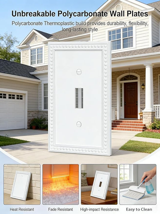 20 Pack Mid-Size Toggle Light Switch Wall Plates 1-Gang Switch Electrical Cover Plate Unbreakable Thermoplastic Faceplate, Classic Beaded Relief Design, White