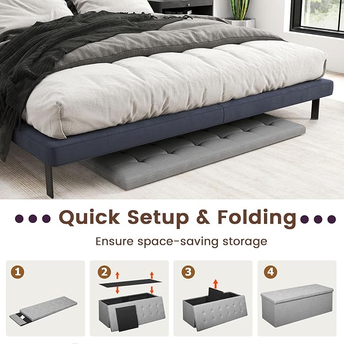 Giantex Storage Ottoman Bench, 43"L Folding Foot Rest Storage Chest with Side Pocket, Divider, Padded Seat Shoe Bench for Living Room Bedroom Hallway Entryway End of Bed (Light Gray)