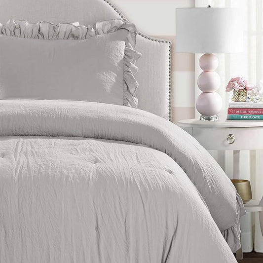 Lush Decor Reyna Ruffle Comforter Set, Twin XL, Light Grey, 2 Piece Cozy Bedding Set