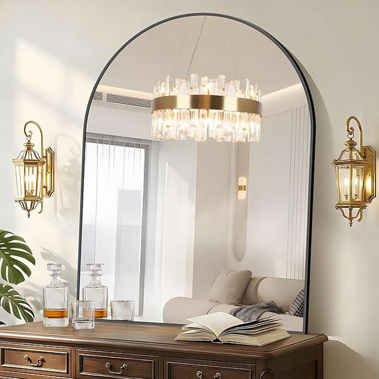 Arched Bathroom Mirror, 36x48IN Black Bathroom Mirror with Metal Frame, Wide Wall Mounted Mirrors Decor Modern Dresser Mirror for Bedroom Living Room Entryway