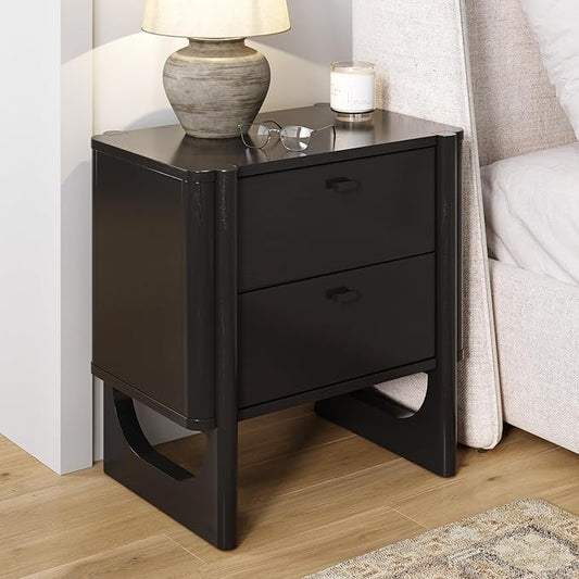Nathan James Solace Mid Century Modern 2 Drawer Nightstand with Solid Wood Frame and Rounded Details, Black