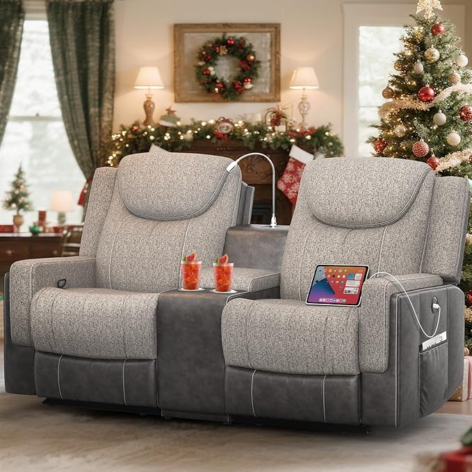 Dresegmt Loveseat Recliner Sofa, Manual Double Recliner with Storage Console, Cup Holder, USB Port & Reading Light, Grey Linen & PU Leather Manual Reclining Couch for Living Room, RV/Theater Seating