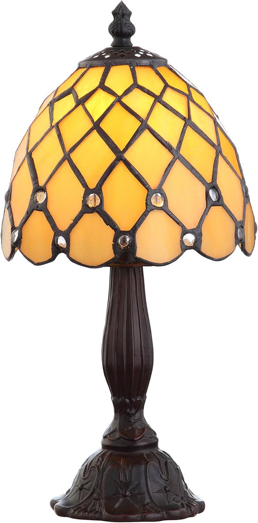 JONATHAN Y 12.5" Bronze Tiffany-Style LED Table Lamp, Handcrafted Ivory Stained Glass Bell Shade with Jewels, Traditional Resin Accent Lamp for Bedroom, LED Bulb Included JYL8015A