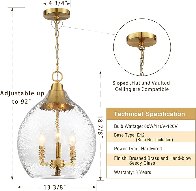 Untrammelife 3-Light Gold Pendant Light 13" Large Globe Pendant Light Fixture with Hand Blown Seeded Glass Shade Single Hanging Chandelier for Kitchen Island Sink