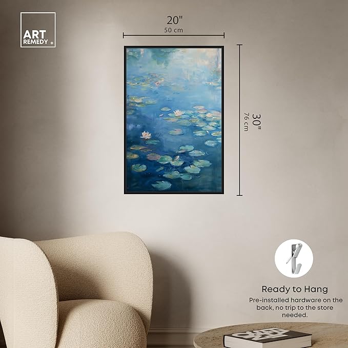 Art Remedy Lilypads In Blues Framed Impressionism 1 Piece Canvas Wall Art/Monet And Van Gogh Inspired Art, 21" x 31", Black Frame