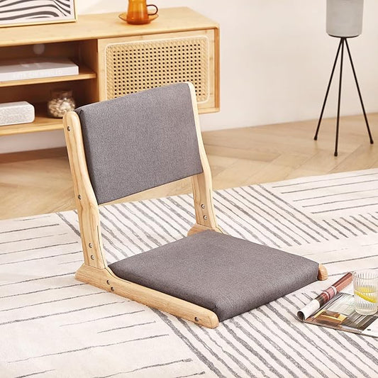 Tiita Foldable Tatami Chair, Japanese Floor Chair, Wood Legless Back Rest Chairs with Cushion, Accent Meditation Floor Chairs Bay Window, Wood Dark Grey