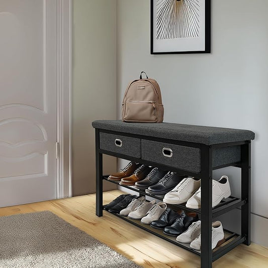 Finnhomy Entryway Shoe Rack with Cushioned Seat, Shoe Bench for Entry, 3-Tier Shoe Storage Organizer with 2 Drawers, Gray