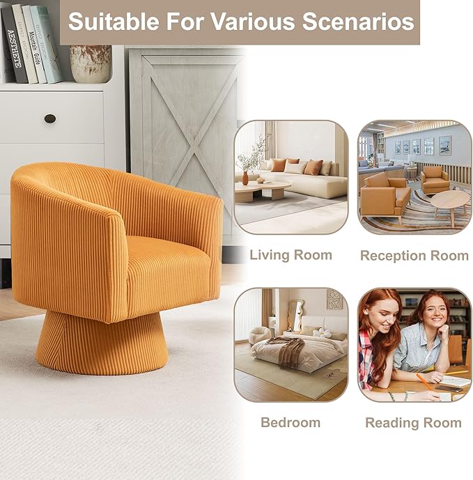 Swivel Accent Chair, Modern 360° Barrel Chair, Corduroy Upholstered Single Sofa for Living Room, Bedroom(Mustard)