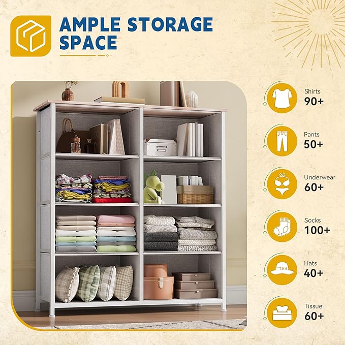 DWVO Fabric Dresser for Room, Tall Storage 8 Drawers, Black Dresser & Chest of Drawers, Storage Drawer Organizer for Closet, Living Room