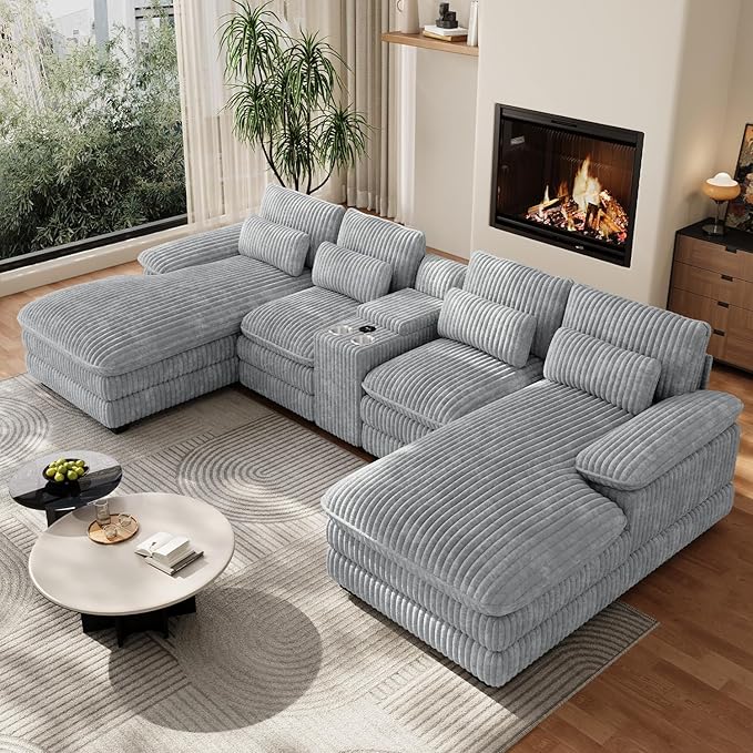 133" Oversized U Shaped Cloud Couch Modular Sectional Couches for Living Room Comfy Corduroy Deep Seat Sofa Set with Double Chaise Lounge, Storage Central Console, Cup Holders, USB Port, Grey