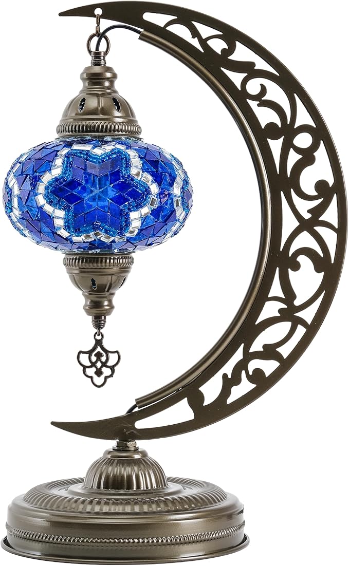 Mozaist Moroccan Mosaic Crescent Shape Table Lamp, Turkish Moon Tiffany Style Handmade Desk Dim Light, Farmhouse Living Room Luna Lighting, Unique Turkish Gift with E12 Socket & US Plug (Sea Blue)