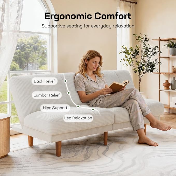 Marsail 65" Futon Sofa Bed, Convertible Small Recliner Sleeper Sofa Bed with Adjustable Backrest, Corduroy Loveseat Futon Couch for Small Apartments, Living Room Office, Guest Room (White)