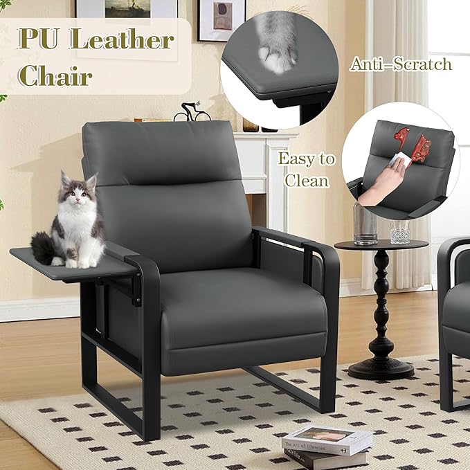 Modern Faux Leather Accent Chair Upholstered Armchair with Side Table for Bedroom Living Room Chairs Office Chair Grey Leisure Chair