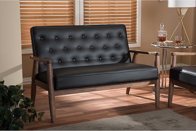 Baxton Studio Sorrento Faux Leather Upholstered Wooden 2-Seater Loveseat, Brown