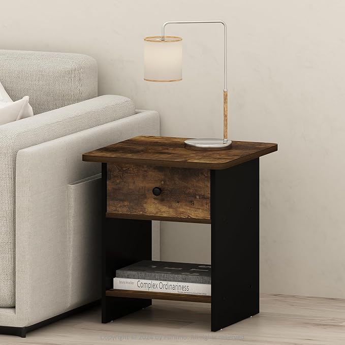 Furinno Modern Side Table, Square End Table with Storage Bin, Round Corner Night Stand, Bedside Table with Storage Shelf, for Living Room, Bedroom, Amber Oak