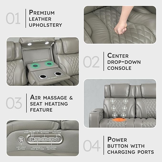 Lexicon Power Double Reclining Sofa, Center Drop-Down Table with Heat/Massage/Headrest/Storage Arms/Cup Holders/LED Lights/Wireless Charging, Top Grain Leather Match Wall Hugger Recliner Sofa, Grey