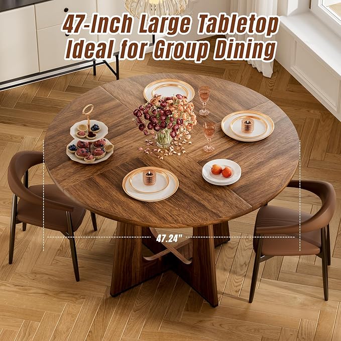 47" Round Dining Table for 4-6, Farmhouse Wood Kitchen Table, Mid-Century Wooden Circle Dinner Room Table Easy Assembly for Dining Room, Kitchen, Living Room (Walnut Wood)
