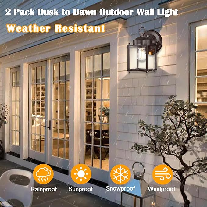 Dusk to Dawn Outdoor Wall Lantern, Modern Exterior Light Fixtures Wall Mount, Waterproof Front Door Wall Lighting with Clear Glass, Bronze Outdoor Wall Lights for House, Garage, 4-Pack