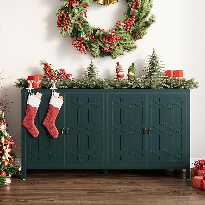 RoyalCraft Modern Sideboard Buffet Cabinet, 60'' Green Credenza with 4 Doors and Adjustable Shelves, Kitchen Buffet Table Coffee Bar Wine Bar Cabinet for Dining Room, Living Room, Forest Green