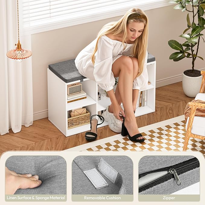 Shoe Bench, Storage Bench with Padded Seat, 6 Cubbies Storage Entryway Bench, for Living Room, Bedroom, Hallway,White