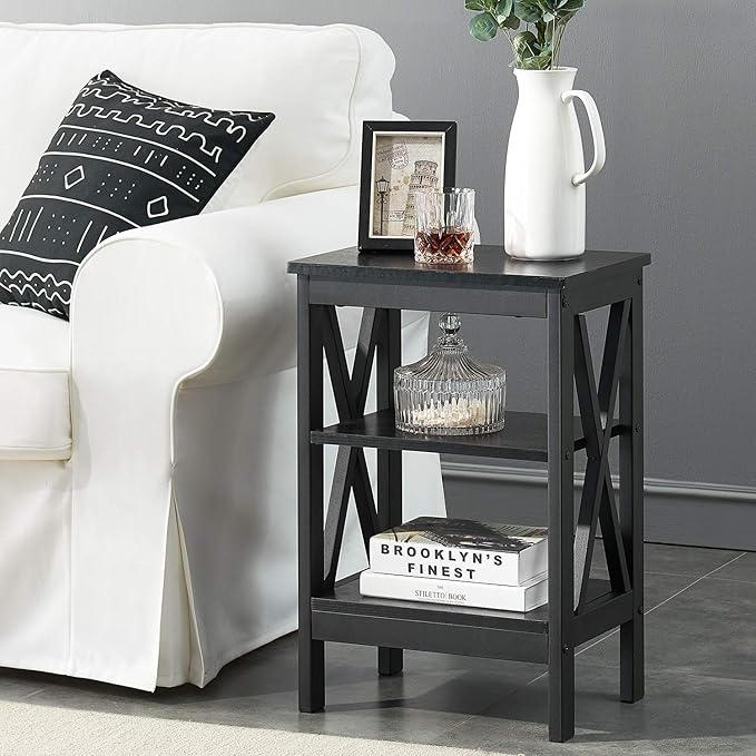 VECELO End Side Table Night Stand Set Of 2,X-Design with Storage Shelf for Bedroom,Living Room,Black