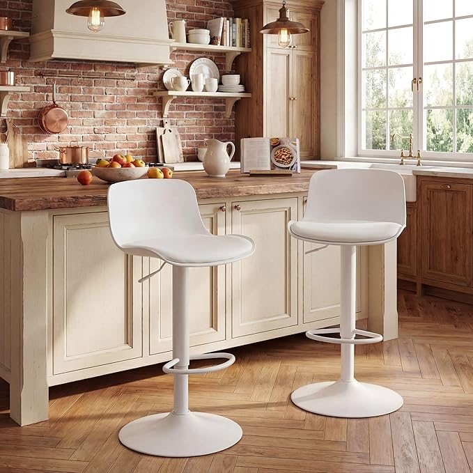 YOUNIKE Bar Stools Set of 2 Modern White PU Leather Counter Height Barstools, Swivel Adjustable Breakfast High Chairs with Back for Bar Counter and Kitchen Island