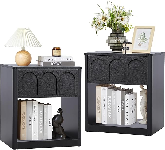 Small Nightstand Set of 2 with Storage, Accent Bedside Nightstand with Drawer, Mid Century Modern Bedroom Bed Side Table for Small Spaces, Dorm, Living Room, Couch Sofa Chair - Black
