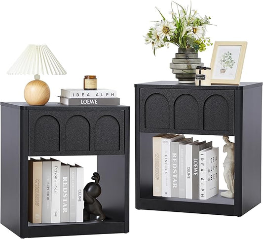 Small Nightstand Set of 2 with Storage, Accent Bedside Nightstand with Drawer, Mid Century Modern Bedroom Bed Side Table for Small Spaces, Dorm, Living Room, Couch Sofa Chair - Black