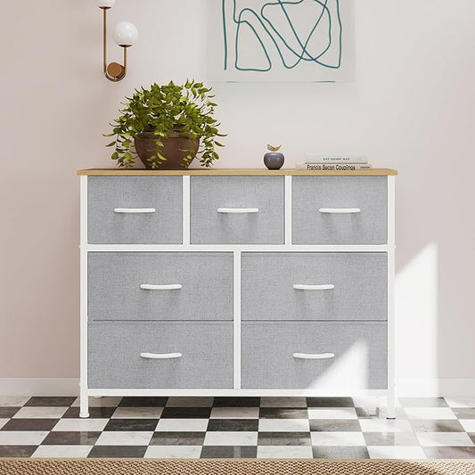 OLIXIS 7 Drawers Dresser for Bedroom, Fabric Storage Tower for Living Room, Entryway - Sturdy Steel Frame, Wooden Top and Easy Pull Fabric Bins, Closet Chests Organizer for Clothes,Light Gray