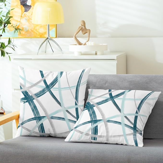 CaliTime Throw Pillow Cases Pack of 2 Cozy Fleece Arc-Shaped Abstract Geometric Lines Decorative Cushion Covers for Couch Bed Sofa Farmhouse Decoration 20 X 20 Inches Teal Turquoise Grey