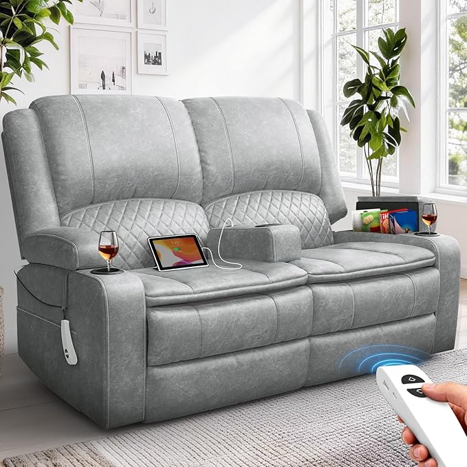 Yolsali Power Reclining Loveseat with Remote Control, Zero Wall Hugger RV Loveseat Recliner Sofa for Living Room with Removable Armrest, 2-Tier Cushions, Hidden Storage & USB Ports, PU Leather Grey