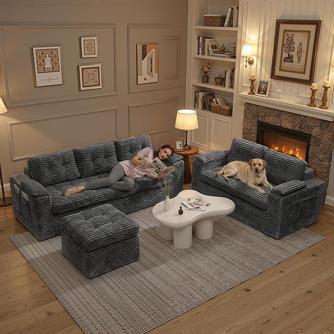 83" Boneless Couch, 3 Seater Cloud Corduroy Sofa in a Box with Deep Tufted Cushions, Zero Assembly, Removable Washable Cover, Family-Friendly Living Room Couch, Dark Grey