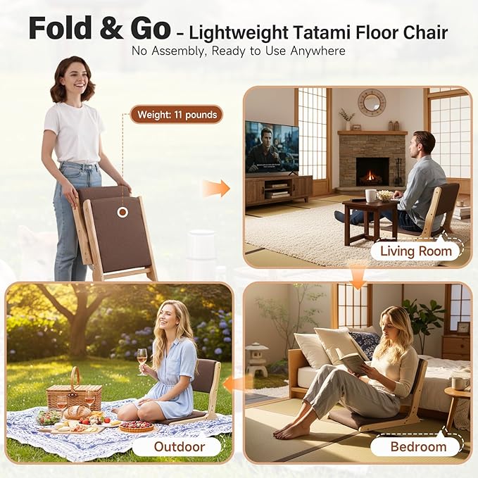Tiita Foldable Tatami Chair, Japanese Floor Chair, Wood Legless Back Rest Chairs with Cushion, Accent Meditation Floor Chairs Bay Window, Wood Brown