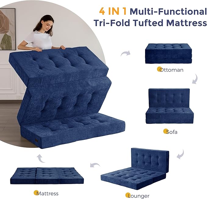 MAXYOYO Tri-Fold Mattress, 6 Inch Tufted Folding Mattress with Chenille Fabric, Portable Twin Size Floor Guest Mat for Adults, Foldable Topper for Camping, Navy, 35.4"x75"