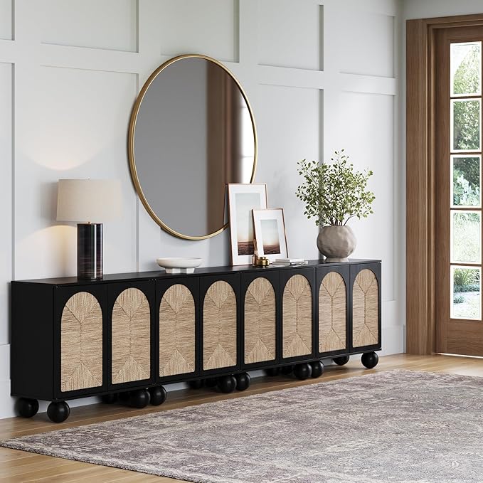 Nathan James Leah Boho TV Stand or Sideboard Cabinet for Kitchen or Living Room with Ball-Style Feet, Natural Seagrass Door Fronts and Solid Wood Legs, Black Set of 4