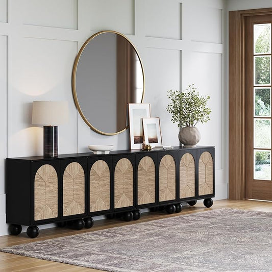Nathan James Leah Boho TV Stand or Sideboard Cabinet for Kitchen or Living Room with Ball-Style Feet, Natural Seagrass Door Fronts and Solid Wood Legs, Black Set of 4