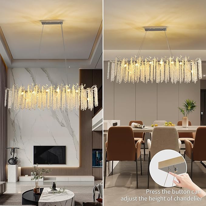 Modern Crystal Tree Branch Chandelier, Chrome Linear Rectangle Art Deco Raindrop Lighting Fixture for Dining Room Living Room Kitchen Island 16 Lights L59''