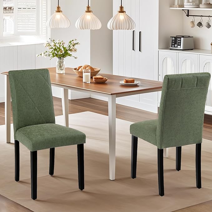 VECELO Upholstered Dining Chairs Set of 2, Modern PU Leather and Solid Wood Legs & High Back for Kitchen/Living Room- Green