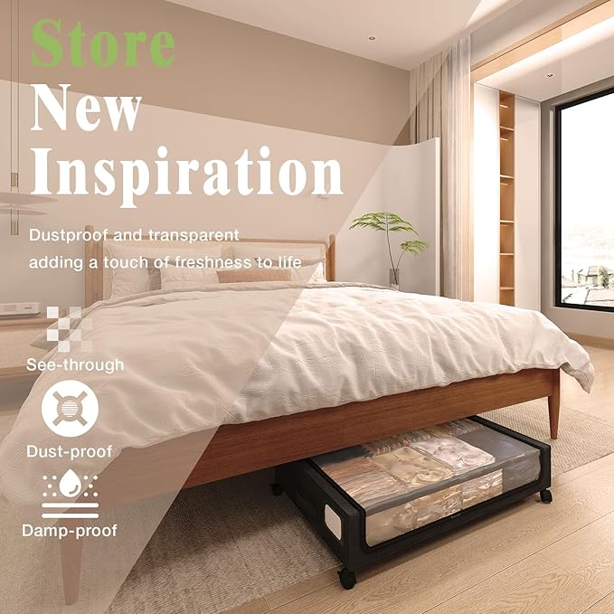 2-Pack Under Bed Storage with Wheels, Durable Metal Frame & 600D Oxford Fabric, Large Capacity for Clothes, Shoes, Toys. Clear Window Design, Home Storage Solution for Bedroom Furniture