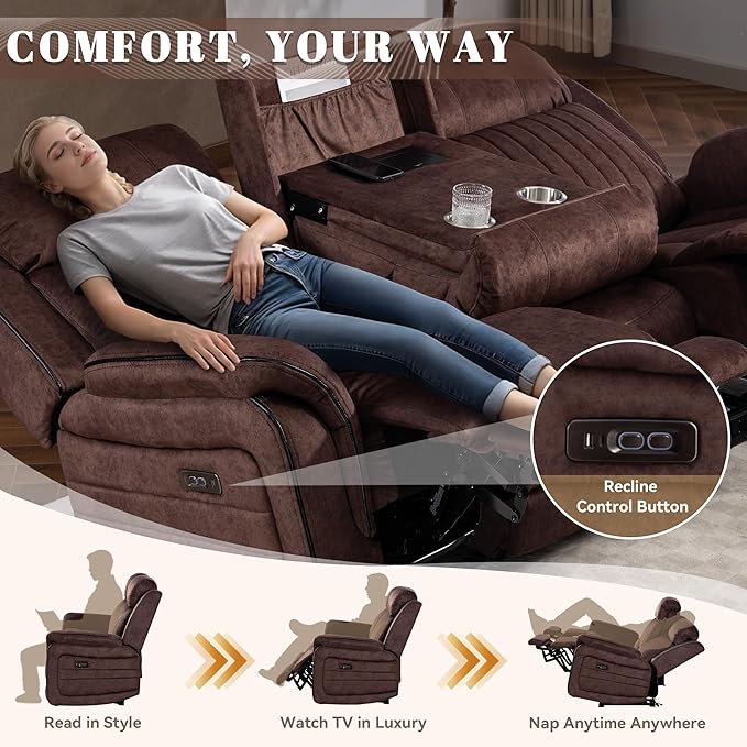 Zero Gravity Power Recliner Sofa Couch – Electric Reclining Sofa with Drop Down Table & Wireless Charging, 3 Seater Dual Reclining Couch with Adjustable Headrests for Living Room (Velvet, Brown)