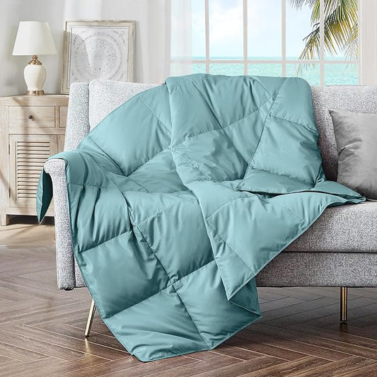puredown® Soft Feather Down Throw Blanket Lightweight Packable Couch Throw for Indoor and Outdoor Use, Throw 50"X70", Teal Blue