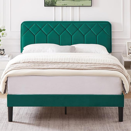 VECELO Queen Size Bed Frame Premium Velvet Upholstered Platform with Height Adjustable Headboard/Mattress Foundation, Solid Wooden Slat Support, No Box Spring Needed/Easy Assembly