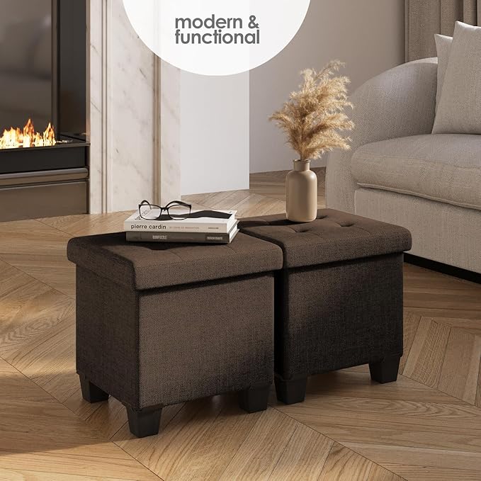 Storage Ottoman Cube with Small Bin, 15-in Square Ottoman with Storage for Living Room and Bedroom, Small Ottomans Foot Rest, Fabric Foot Stools Ottomans Max 330lbs, Brown