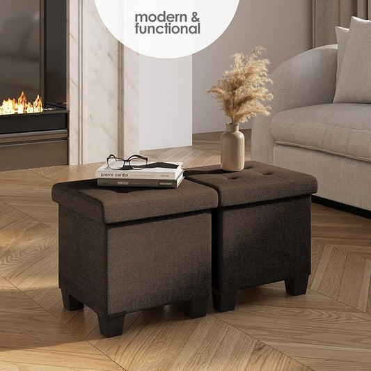 Storage Ottoman Cube with Small Bin, 15-in Square Ottoman with Storage for Living Room and Bedroom, Small Ottomans Foot Rest, Fabric Foot Stools Ottomans Max 330lbs, Brown