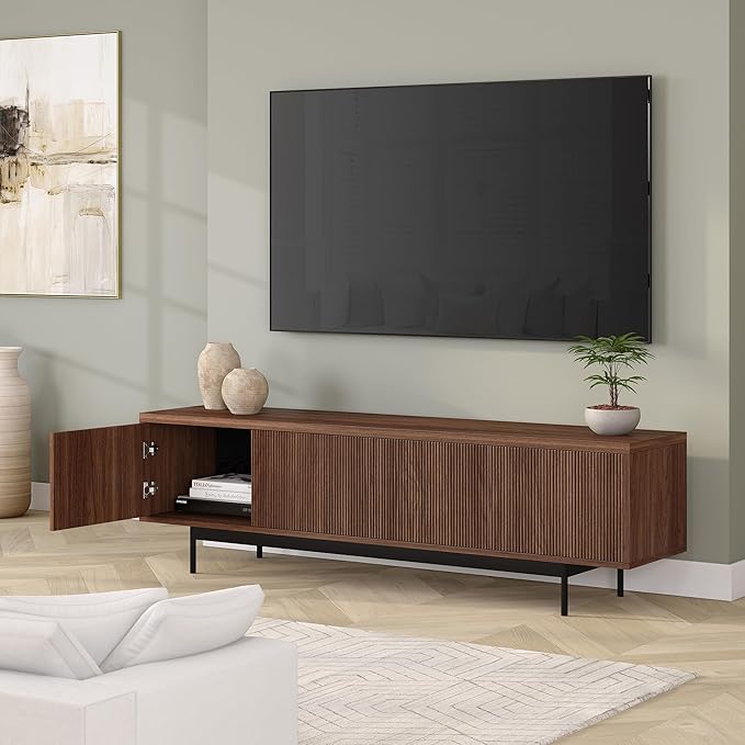 Henn&Hart Fluted TV Stand for TVs up to 75" with 2 Open-Concept Ribbed Storage Cabinets for Living Room, Family Room, or Office, Medium Walnut