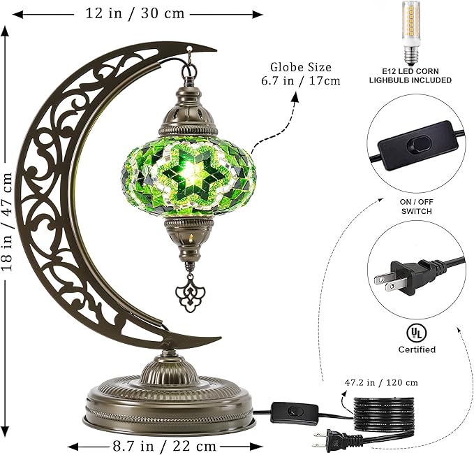 Mozaist Turkish Mosaic Moon Shape Table Lamp, Moroccan Crescent Vintage Handmade Desk Light, Country Living Room, Kitchen Island Decorative Lighting, Authentic Bohemian Bedside Dim Nightstand (Green)